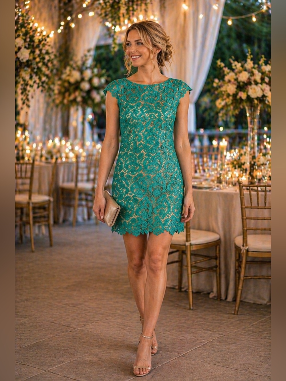 ELIZA J Teal Green Nude Lining Crochet Lace Overlay Mini Sheath Dress 6